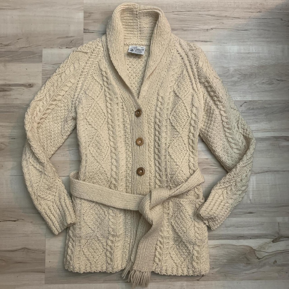 Vintage 1970s Molly McGrath Wool Fisherman Sweater Belted Cream Small